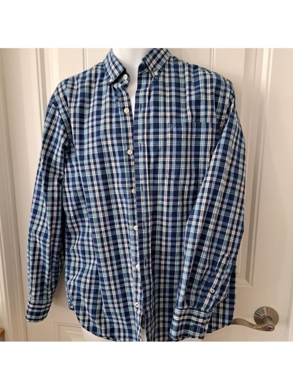 𝅺mens IZOD button down plaid check shirt blues Preppy western Med